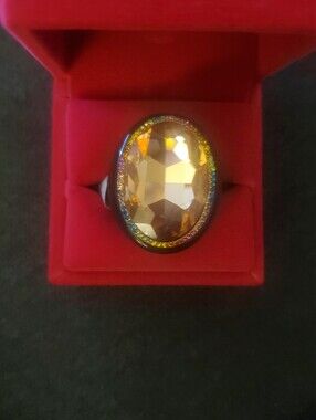 Kurt Geiger Elegant Gold Oval Cocktail Ring W/Iridescent Halo & Rainbow Pave